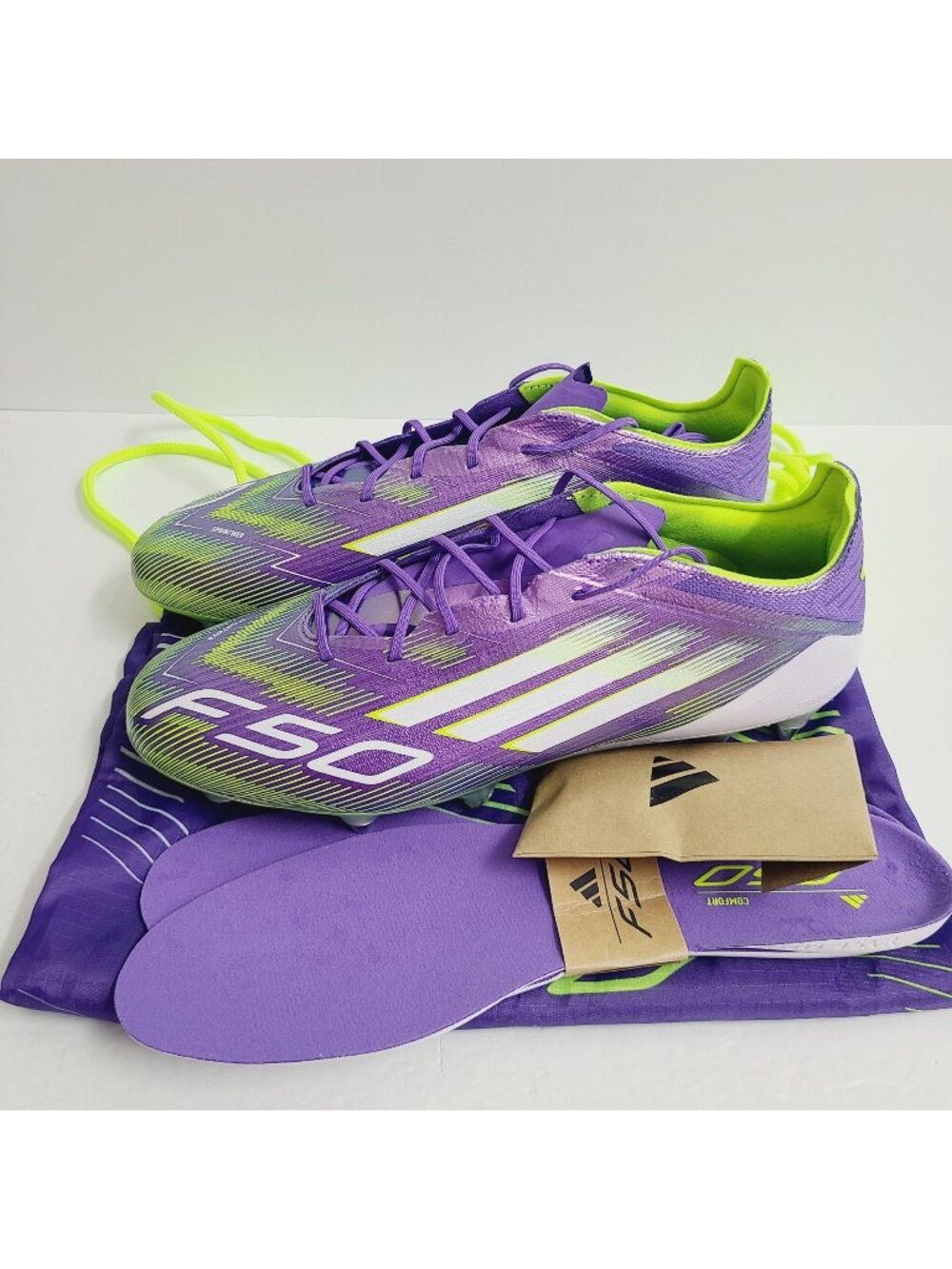 NEW Adidas F50 Elite SG Soccer Cleats BAG INSOLES SPIKES JH7633 Size 10 Purple
